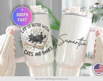 Life is better with Cats and Books Tumbler, Black Cat on Books Tumbler, Cute Bookish Tumbler for Book Lover, Black Cat Mug, Reading Mug