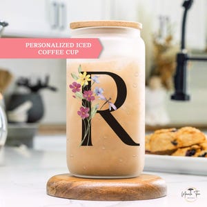 Initial Glass Cup with Straw, Personalized Iced Coffee Glass, Custom Name Glass Can, Aesthetic Coffee Tumbler, Cute Gift for Her