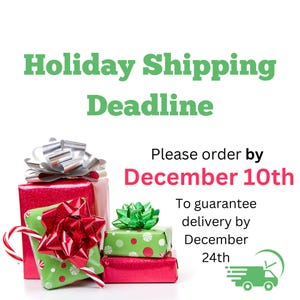 May include: Image with text: "Holiday Shipping Deadline." Presents wrapped in red and green paper with bows. Text: "Please order by December 10th to guarantee delivery by December 24th." A green delivery truck icon is on the right.