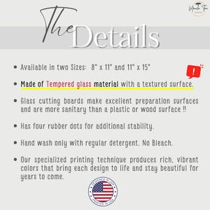 May include: Text on a white background reads "The Details" and bullet points describing a product. The product is made of tempered glass with a textured surface and is available in two sizes: 8" x 11" and 11" x 15".