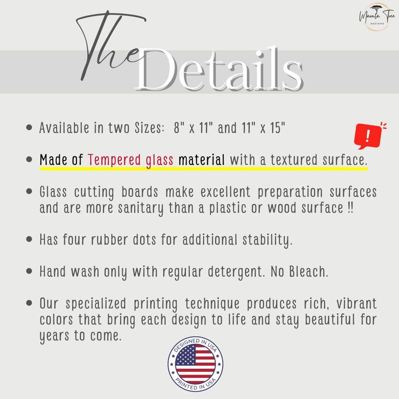 May include: Text on a white background reads "The Details" and bullet points describing a product. The product is made of tempered glass with a textured surface and is available in two sizes: 8" x 11" and 11" x 15".