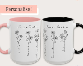 Personlig födelseblomsmugg, mormors trädgårdsmugg, anpassad födelseblomsmugg med namn, mors dag-present med barnnamn