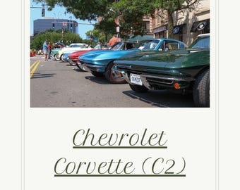 Op de afbeelding: Een rij klassieke Chevrolet Corvette (C2) auto's in verschillende kleuren, waaronder groen, blauw en rood, geparkeerd in een straat. De afbeelding is omlijst met een witte rand, met de tekst "Chevrolet Corvette (C2)" eronder.