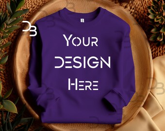 Purple Mock Boho G18000 Mock-up Gildan 18000 Flat Lay Folded Purple Crewneck Gildan Front Mock Crewneck Purple Boho Purple Sweater Mock-ups