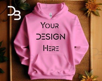 Gildan 18500 Sudadera con capucha Mockup Seguridad Rosa Flat Lay Sudadera con capucha Mockup Doblado Boho Mockup Doblado Boho Pink Hooded Mockup Sobredimensionado Gildan Mockups POD