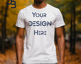 Weiß 5000 Mockup Weißes T-Shirt Vorderseite Mockup T-Shirt Mockup Männerhemd Herbst Outdoor Wald See Mann T-Shirt T-Shirt Mockup Digitalbytefolio