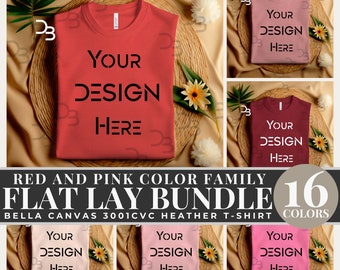 Bella Canvas Shirt Mockup Flat Lay Bundle 3001 Red Folded Pink T-shirt Mock T Shirt Mockup Minimalist Mockup Red T-shirt Mockup CVC Heather