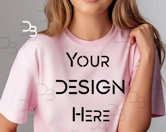 Gildan 5000 Hellrosa T-Shirt Mockup Boho Unisex Tshirt Mock Up Vorderseite T Mocks Printify Canva JPG G5000 Mock-Up POD Minimalist Frauen Modelle