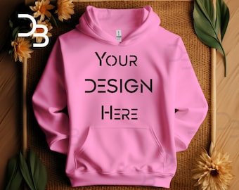 Safety Pink Gildan 18500 Boho Mockup Gildan Folded Front Hoodie Mockup  Hoodie Frontside Mock-ups Flat Lays Mockups Boho Safety Pink Mock-up