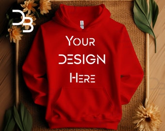 Gildan 18500 Red Hoodie Mockup Boho Gildan Red Flat Lay Folded Hoodie Gildan 18500 Mockup Photo Hooded Mocks Boho Hoodie Boho Gildan Mockups