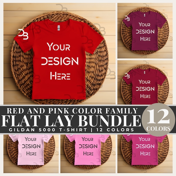 Red Gildan Mockup Bundle Gildan 5000 Flat Lay Folded Pink Mockup 5000 Red T-shirt Gildan Red T-shirt Gildan Mocks Boho 5000 Mock-ups Tshirt