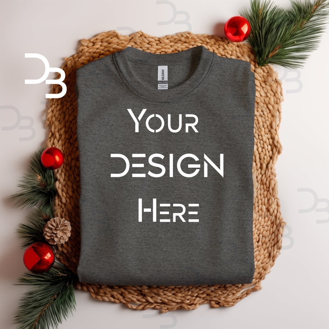 Christmas Dark Heather Gildan 5000 Mockup Flat Lay Folded Boho Dark ...