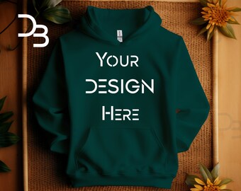 Boho Gildan 18500 Mockup Forest Green Hoodie Plat lag gevouwen Mock-up Boho Hoodie Mock Mock-up met lange mouwen Plat Mock-up met capuchon Close-up Mockup