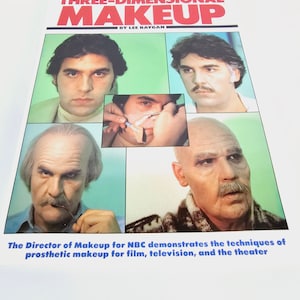Puede incluir: Portada de libro con el título "Técnicas de maquillaje tridimensional" de Lee Baygan. La portada presenta cuatro fotos de hombres con diferentes aplicaciones de maquillaje.