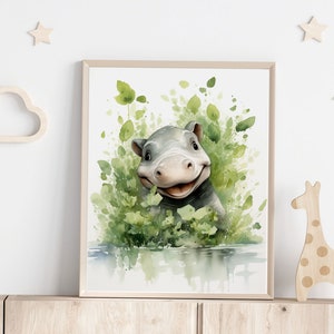 Nursery Decor Happy Hippo Baby Animal Print Poster Wall Art Kids Room Baby Shower Gift Birthday Present Safari Animal Theme Wall Art Decor
