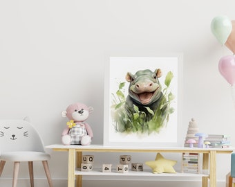 Nursery Decor Happy Hippo Safari Animal Baby Animal Print Poster Wall Art Kids Room Baby Shower Gift Birthday Present Safari Nursery Decor