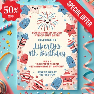 Invitation d'anniversaire du 4 juillet, fête d'anniversaire du 4 juillet pour enfants, invitation d'anniversaire du 4 juillet, cadeaux pour filles, modèle de toile