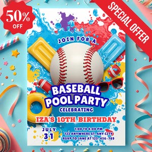 Baseball Pool Party Invitation,Baseball pool birthday invitation,sports baseball party, Baseball pool party template, party favors for boys