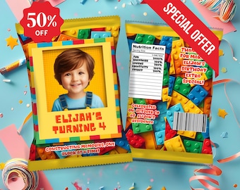 Building Blocks Birthday Chip Bag with photo, Editable Canva Template (PDF)