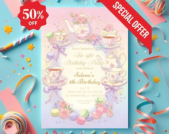 Tea Party Birthday Invitation: Editable Canva Template (5x7 in)