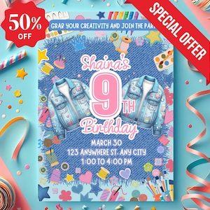 DIY Denim Jacket Party Invitation,Denim & DIY Birthday Invite,Girls Craft Party Editable Template, Denim Birthday Party, Denim Party Kids