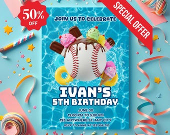 Baseball Drip Pool Party Invitation: Editable Ice Cream Theme (Canva Digital Download)
