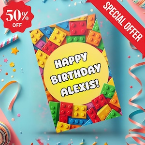 Cartão de aniversário de blocos de construção, cartões de felicitações de blocos de construção, modelo de cartão de aniversário para impressão e edição, cartão de aniversário para meninos