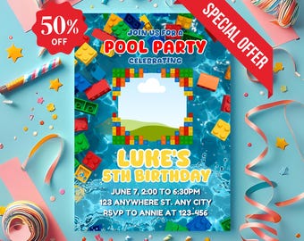Building Blocks Pool Party With Image Invitation: Editable Birthday Invite (Digital Download)