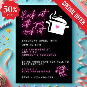 Rock Out With You Crock Out Invitation, Rock out with your crock out invite,rock out with your crock out party,crockpot party,canva template