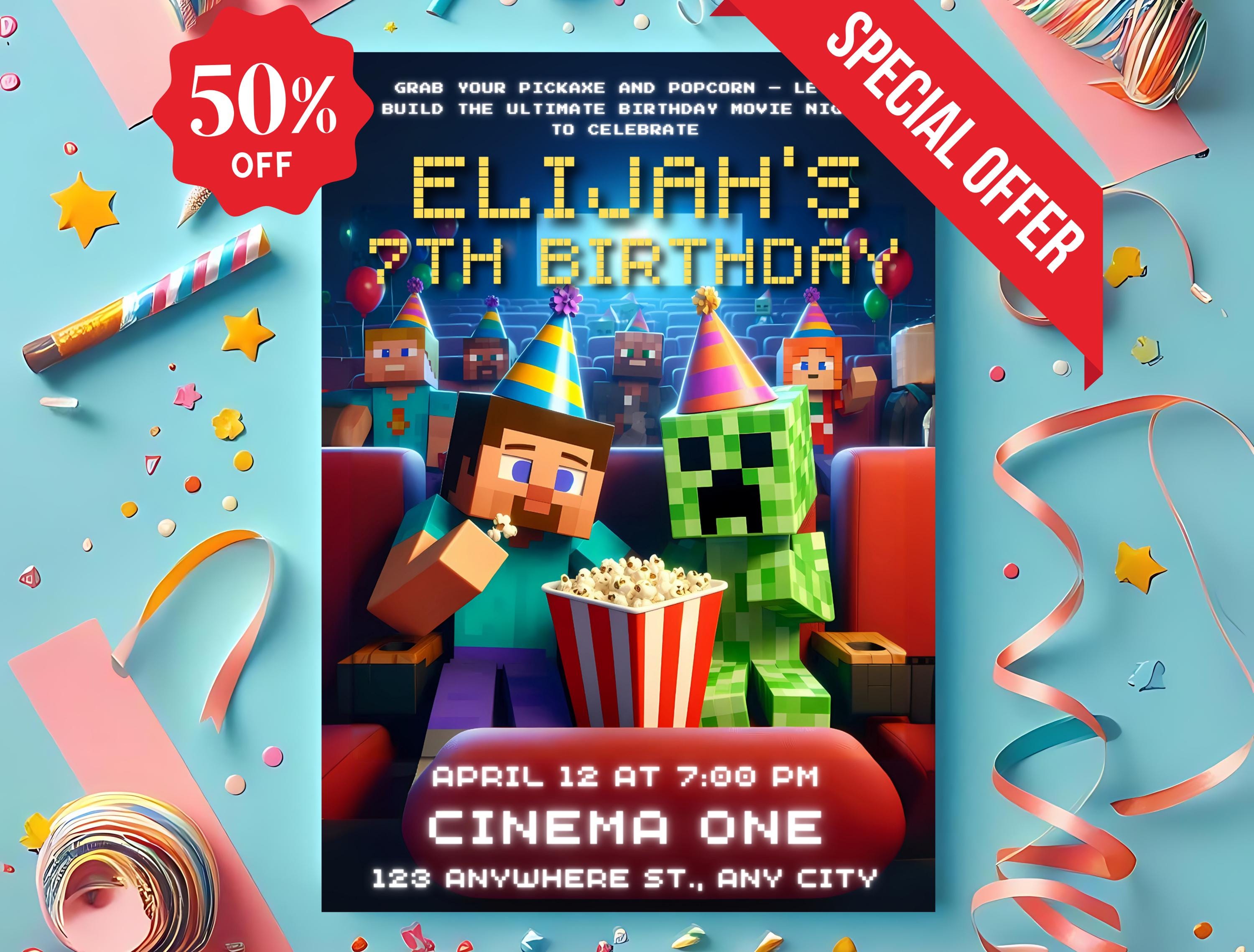 Minecraft Movie Theater Ticket Invite – Editable Canva