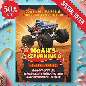 Op de afbeelding: Een uitnodiging voor een verjaardagsfeestje met een blauwe monstertruck. De uitnodiging bevat de tekst "Noah's is turning 8" en evenementdetails. Een rode banner leest "Speciale aanbieding" en een rode cirkel "50% korting".
