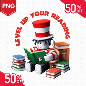 Peut inclure: Un personnage rayé rouge et blanc portant un chapeau rouge et blanc est assis sur une chaise en train de lire un livre vert. Le livre a un chat rouge et blanc sur la couverture. Le personnage est entouré de piles de livres. Le texte "Level Up Your Reading" est en cercle autour du personnage. Le texte "50% Off" est dans le coin supérieur droit de l'image.