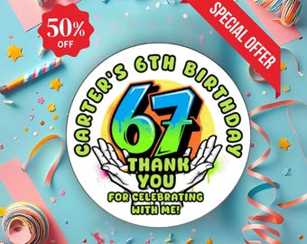 67 Birthday Stickers: Meme Party Favors, Canva Template (Digital Download)
