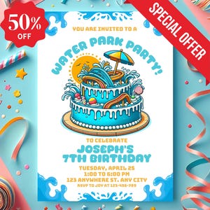 Wasser Park Geburtstagseinladung: Sommer Pool Party, bearbeitbare Vorlage (Digitaler Download 5 x 7 in Canva Vorlage)