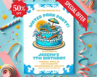 Water Park Birthday Invitation: Summer Pool Party, Editable Template  (Digital Download 5x7in Canva Template)