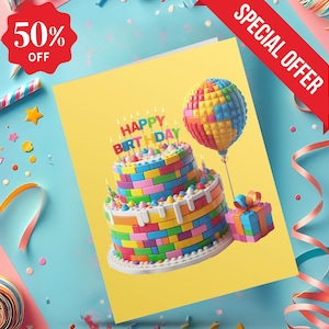Cartão de aniversário de blocos de construção, cartões de felicitações de blocos de construção, modelo de cartão de aniversário para impressão, cartão de aniversário para meninos e meninas