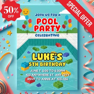 Building Blocks Pool Party Invitation: Editable Birthday Template (Digital Download)