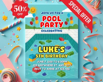 Building Blocks Pool Party Invitation: Editable Birthday Template (Digital Download)