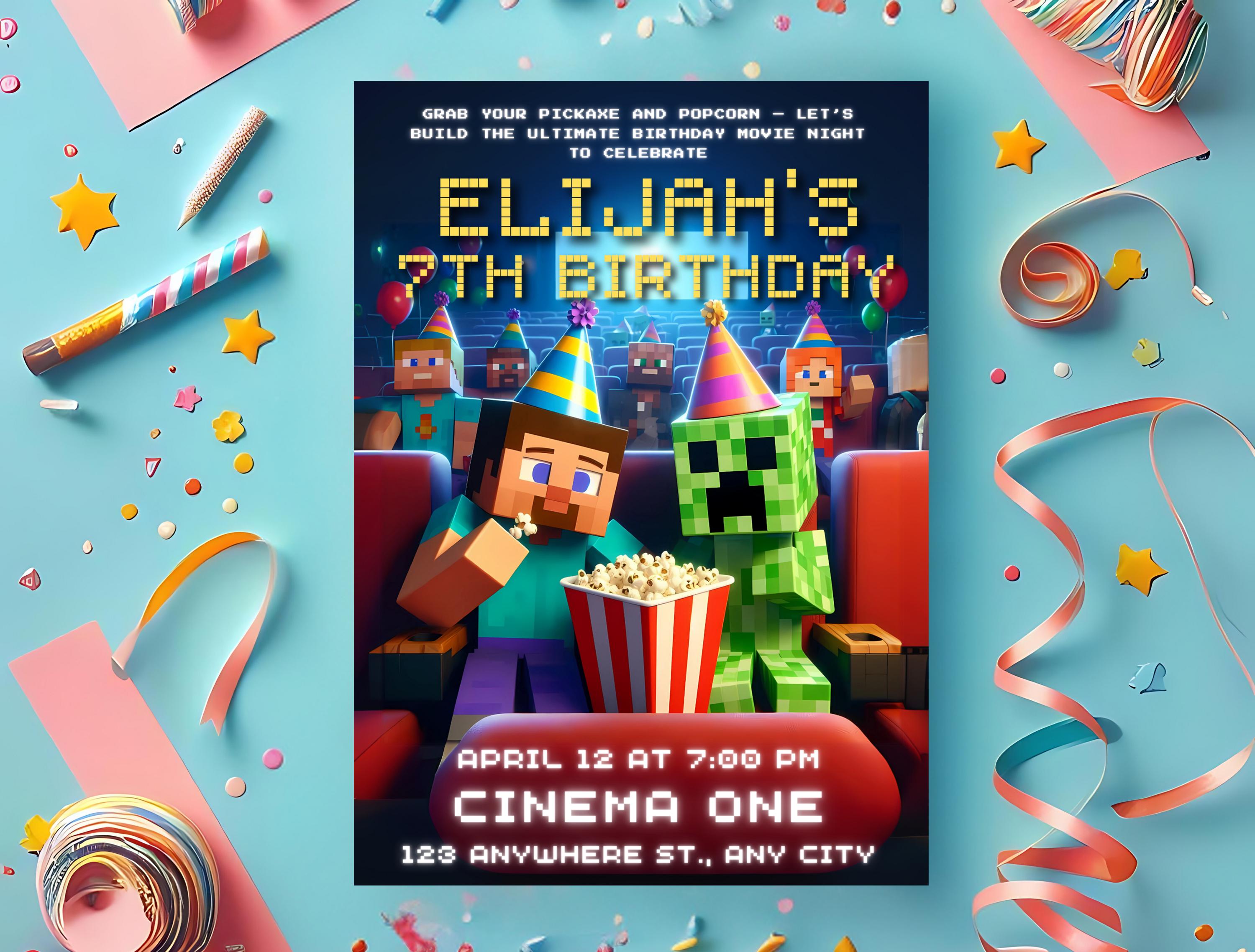 Minecraft Movie Theater Ticket Invite – Editable Canva
