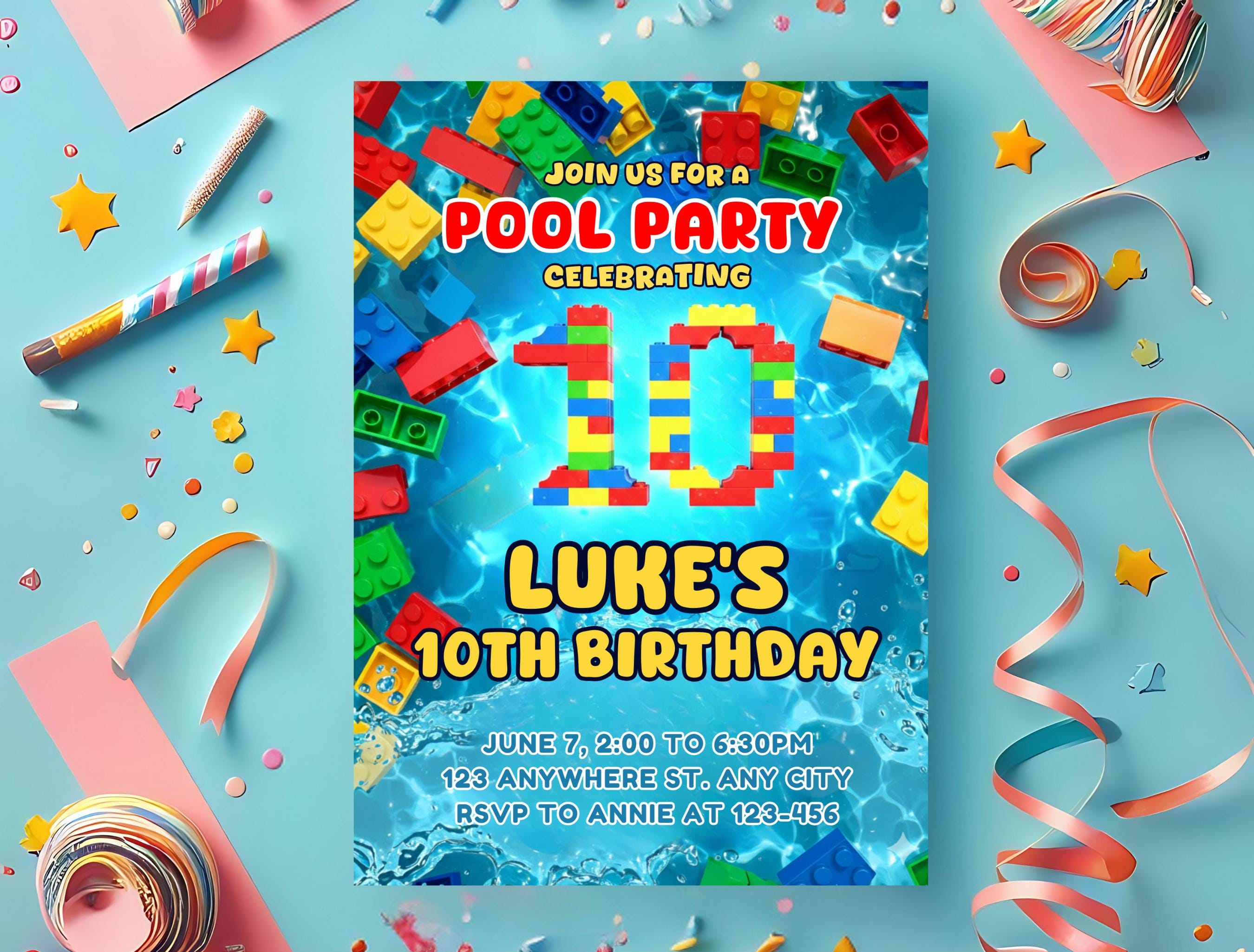 10th Birthday Pool Party Invitation, Building Blocks Pool Party ...