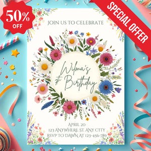 Wildflower birthday invitation, wildflower invite, wildflower birthday, floral birthday invitation,meadow floral birthday,floral birthday