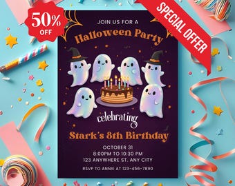 May include: A Halloween party invitation with cartoon ghosts, a cake, and the text "Join us for a Halloween Party celebrating Stark's 8th Birthday." The invitation is on a purple background with a red "Special Offer" banner and a "50% Off" sticker.