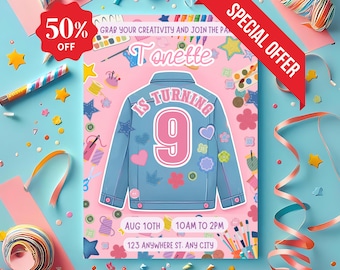 Invitación para fiesta de chaqueta vaquera DIY: Manualidades de cumpleaños para niñas (Plantilla editable)