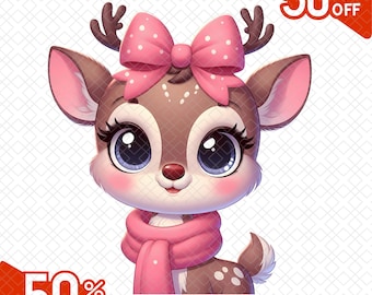 May include: A cartoon deer illustration with large blue eyes, a pink polka dot bow, and a pink scarf. The deer has brown antlers and a brown and white spotted coat. A red tag indicates a 50% off sale.