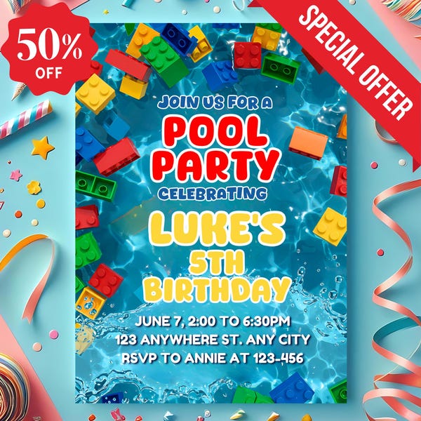 Invitación a fiesta en la piscina con bloques de construcción: Invitación de cumpleaños editable (descarga digital)