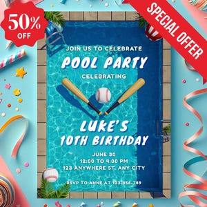 Baseball Pool Party Invitation,Baseball pool birthday invitation,sports baseball party, Baseball pool party template, party favors for boys