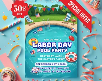 Labor Day Pool Party Invitation: Editable Canva Template (Digital Download)