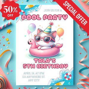 Puede incluir: Una invitación blanca con un tema de fiesta de piscina azul y rosa. Presenta un gato de dibujos animados con gafas de sol y un sombrero de fiesta, flotando en un flotador rosa. El texto dice "Join us for a Pool Party", "Tala's 5th Birthday", "April 24, at 1PM", "123 Anywhere St." y "Any City".