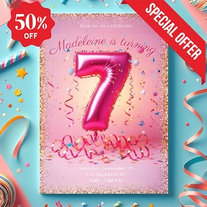 7. Geburtstags-Einladung Glitter Siebter Geburtstag-Einladung Bearbeitbare Mädchen Einladung Regenbogen Folie Pastell Mädchen Siebter Geburtstag