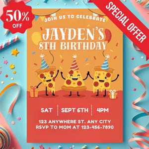Pizza Birthday Party Invitation: Editable Canva Template (5x7 in Digital Download)